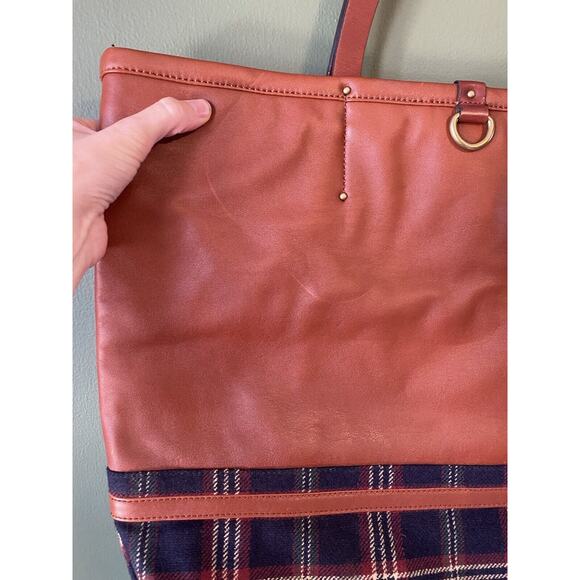 Brooks Brothers 2pc Tote & Wristlet Tan Leather Plaid Tartan Double Shoulder Bag - Picture 14 of 15